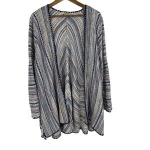 Lucky Brand Open Front Woven Cardigan With Fringe Detail In Blue & Cream Striped